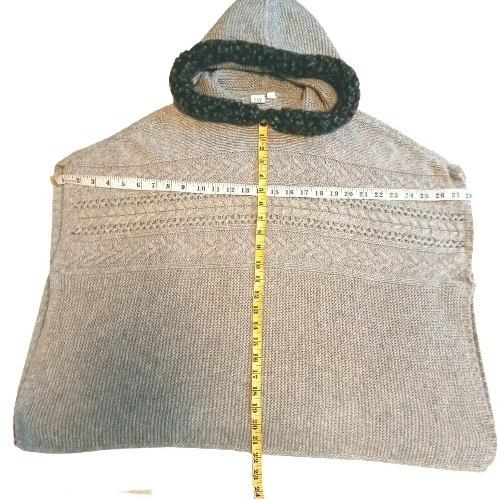 🥼👓Gap Kids XL Hoodie Poncho Cable Knit Heather Gray Faux Fur Trim Girls Winter